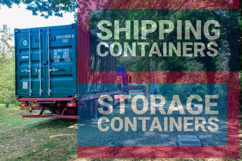 A truck with a shipping container is parked in a green area, with a person and a ladder nearby.