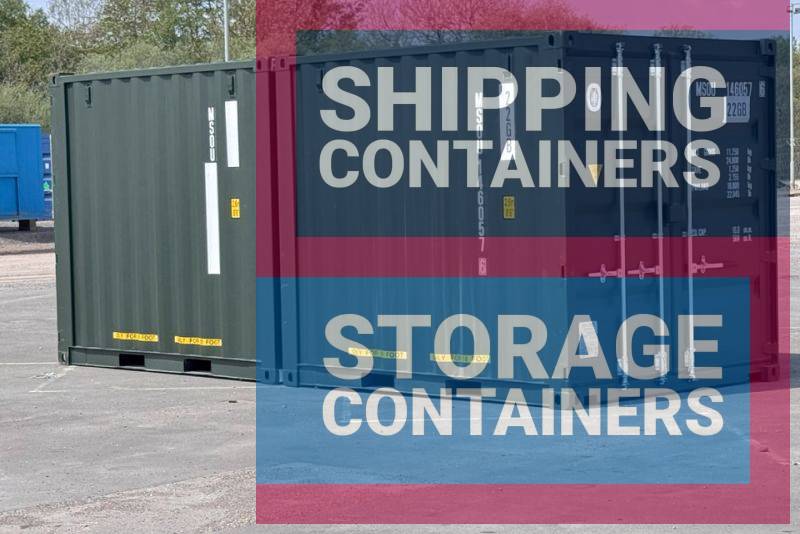 Two large shipping containers are parked in a lot, surrounded by greenery and other containers in the background.