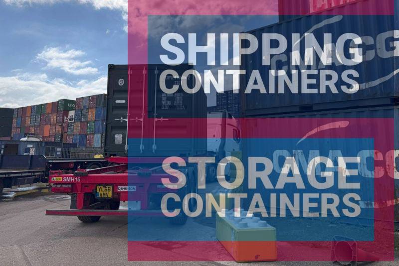 A truck with a shipping container navigates a port area filled with stacked cargo containers.