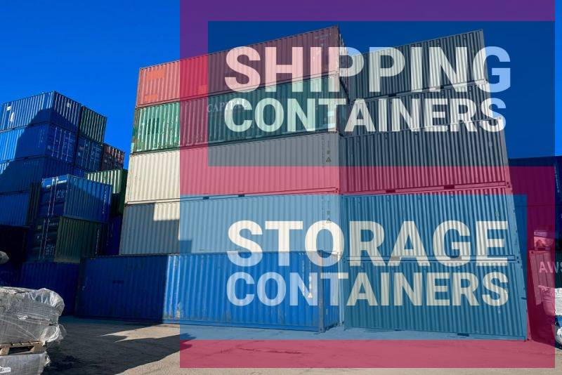 A stack of colorful shipping containers against a clear blue sky, with some containers labeled.