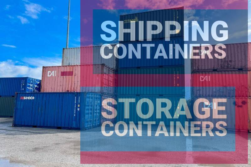 A stack of various shipping containers in different colors under a blue sky at Southampton.